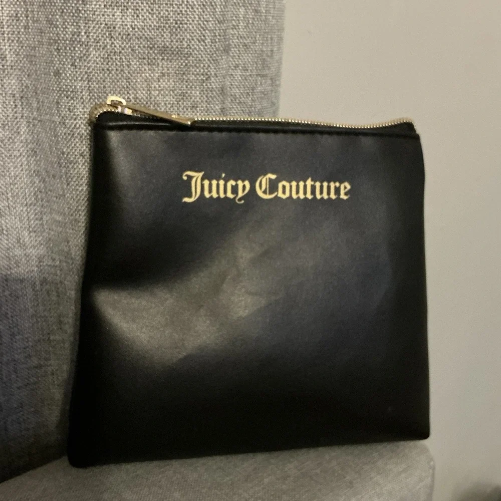 Juicy‎ Couture Black Faux Leather Logo Pouch Cosmetic Bag Gold Hardware Makeup